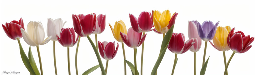 "Experience the elegance of spring.  
Vivid tulips gracefully arranged against a pure white background,  
highlighting the delicate beauty of seasonal blooms."
