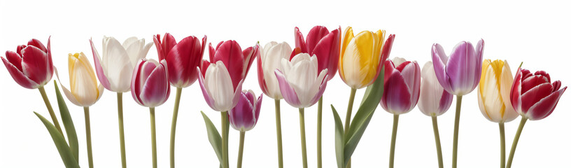 "Experience the elegance of spring.  
Vivid tulips gracefully arranged against a pure white background,  
highlighting the delicate beauty of seasonal blooms."