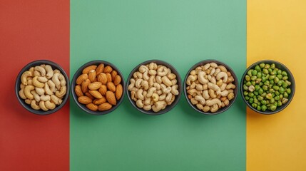 mixed nuts in bowl. Mix of various nuts on colored background. pistachios, cashews, walnuts, hazelnuts, peanuts and brazil nuts.