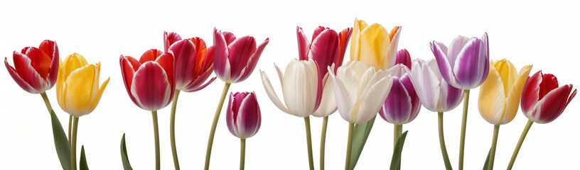 "Experience the elegance of spring.  
Vivid tulips gracefully arranged against a pure white background,  
highlighting the delicate beauty of seasonal blooms."
