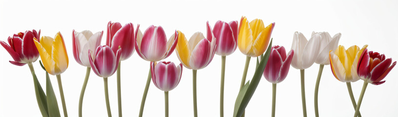 "Experience the elegance of spring.  
Vivid tulips gracefully arranged against a pure white background,  
highlighting the delicate beauty of seasonal blooms."