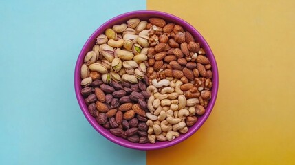 mixed nuts in bowl. Mix of various nuts on colored background. pistachios, cashews, walnuts, hazelnuts, peanuts and brazil nuts.