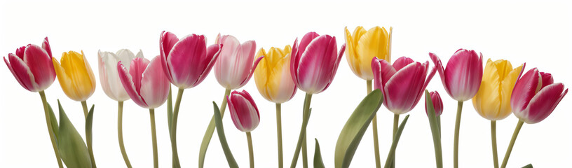 "Experience the elegance of spring.  
Vivid tulips gracefully arranged against a pure white background,  
highlighting the delicate beauty of seasonal blooms."