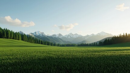 Fototapeta premium Scenic landscape with green field, forest, and snow capped mountains under a blue sky. Peaceful nature scene.