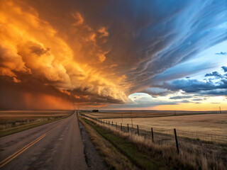 Dramatic Storm Clouds Over Open Road at Sunset