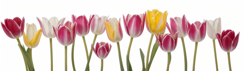 "Experience the elegance of spring.  
Vivid tulips gracefully arranged against a pure white background,  
highlighting the delicate beauty of seasonal blooms."
