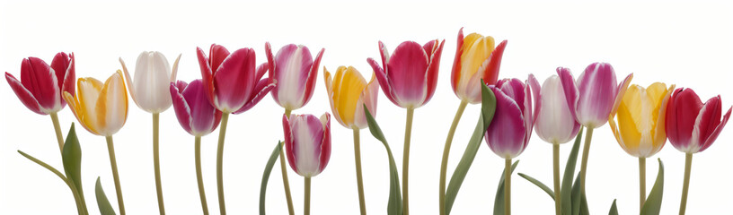 "Experience the elegance of spring.  
Vivid tulips gracefully arranged against a pure white background,  
highlighting the delicate beauty of seasonal blooms."