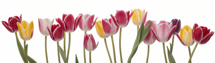 "Experience the elegance of spring.  
Vivid tulips gracefully arranged against a pure white background,  
highlighting the delicate beauty of seasonal blooms."