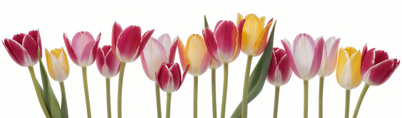 "Experience the elegance of spring.  
Vivid tulips gracefully arranged against a pure white background,  
highlighting the delicate beauty of seasonal blooms."