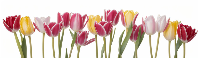 "Experience the elegance of spring.  
Vivid tulips gracefully arranged against a pure white background,  
highlighting the delicate beauty of seasonal blooms."