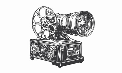 Vintage film projector with reel, retro camera, flat icons set, vector.