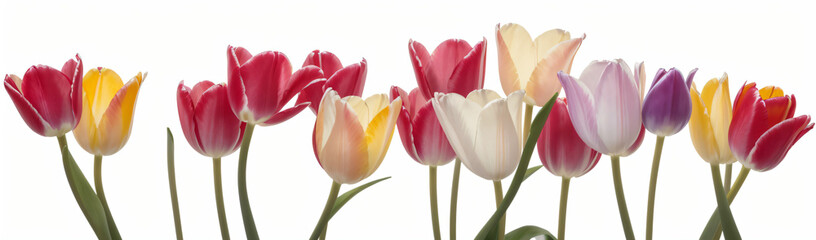 "Experience the elegance of spring.  
Vivid tulips gracefully arranged against a pure white background,  
highlighting the delicate beauty of seasonal blooms."