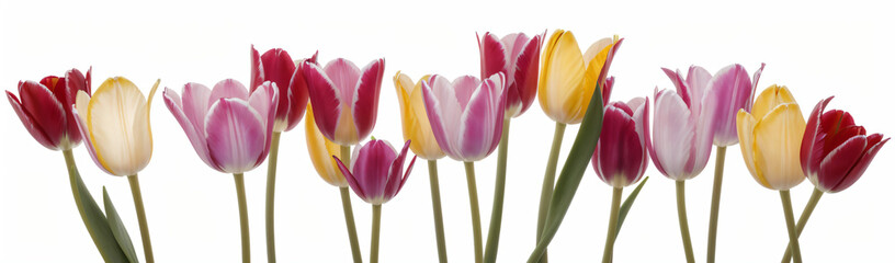 "Experience the elegance of spring.  
Vivid tulips gracefully arranged against a pure white background,  
highlighting the delicate beauty of seasonal blooms."