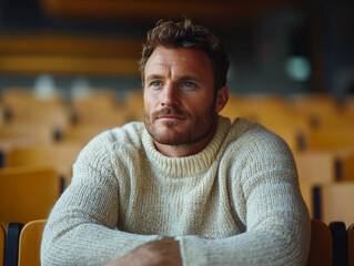 Fototapeta premium Man in a cozy sweater reflecting in a quiet setting