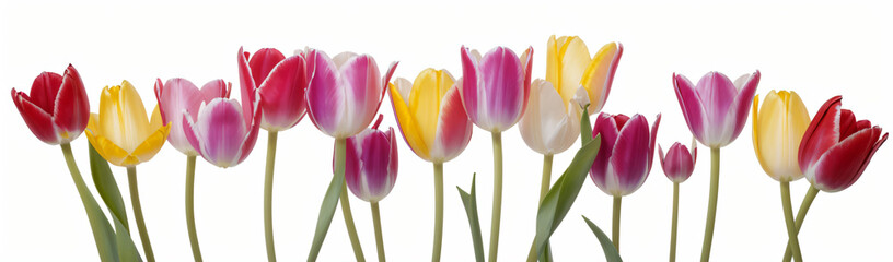 "Experience the elegance of spring.  
Vivid tulips gracefully arranged against a pure white background,  
highlighting the delicate beauty of seasonal blooms."