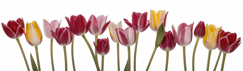 "Experience the elegance of spring.  
Vivid tulips gracefully arranged against a pure white background,  
highlighting the delicate beauty of seasonal blooms."