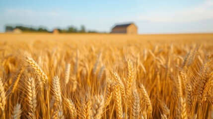 Obraz premium Golden Wheat Field with Barn Under Bright Blue Sky in Summer