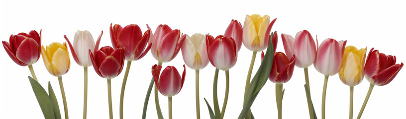 "Experience the elegance of spring.  
Vivid tulips gracefully arranged against a pure white background,  
highlighting the delicate beauty of seasonal blooms."