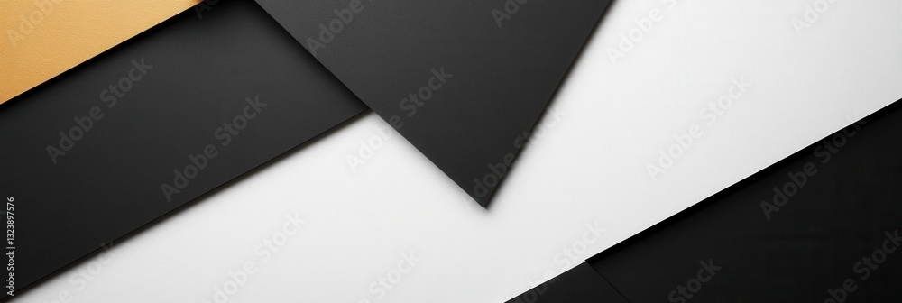 Poster geometric design featuring overlapping shapes in black, white, and gold against a minimalist backgro