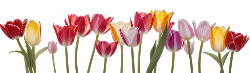 "Experience the elegance of spring.  
Vivid tulips gracefully arranged against a pure white background,  
highlighting the delicate beauty of seasonal blooms."