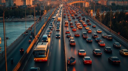 Heavy traffic on urban bridge during rush hour, showcasing the challenges of urban commuting and the bustling pace of city life.