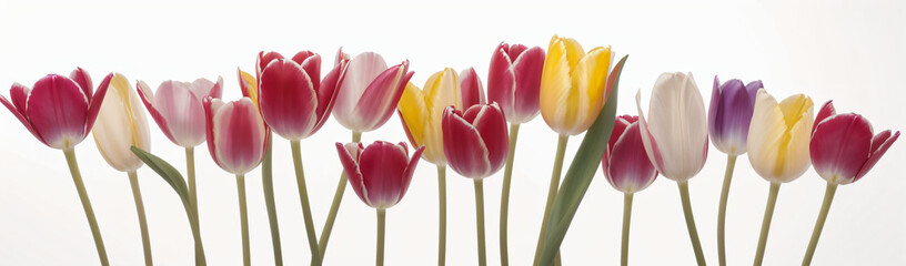 "Experience the elegance of spring.  
Vivid tulips gracefully arranged against a pure white background,  
highlighting the delicate beauty of seasonal blooms."