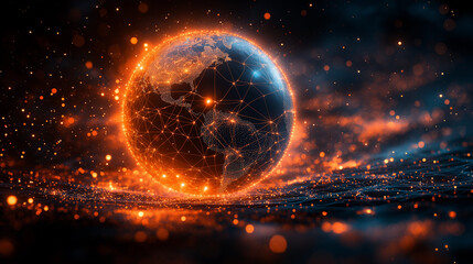 Obraz premium Abstract 3D globe with glowing connection lines, symbolizing global connectivity and digital networks.