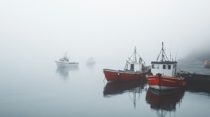 Fishing boats in a serene harbor shrouded in foggy atmosphere