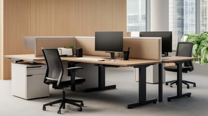 Fototapeta premium Modern office workspace featuring ergonomic desks, dual monitors, and a bright, clean environment