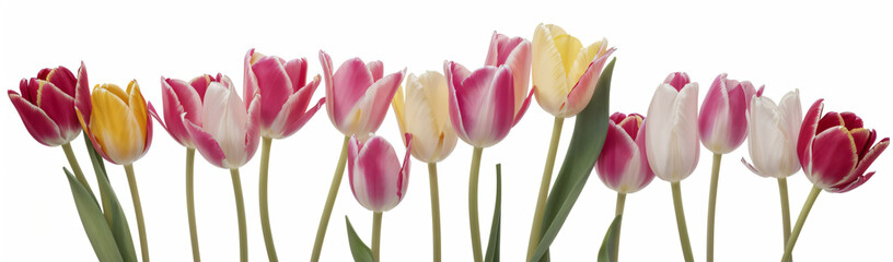 "Experience the elegance of spring.  
Vivid tulips gracefully arranged against a pure white background,  
highlighting the delicate beauty of seasonal blooms."
