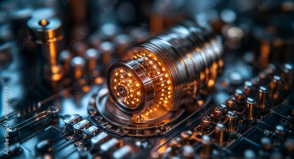 Poster A close-up view showcases a quantum component illuminated by warm light, surrounded by a complex arrangement of circuitry.