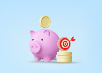 3D illustration vector render of piggy bank icon with coins and goal. Concept of saving money to achieve goal as planned. Growth, success, management.