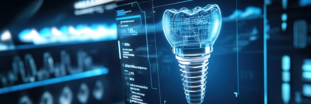 Modern holographic interface showcasing a 3D dental implant with futuristic scanning effects and digital blueprint overlays