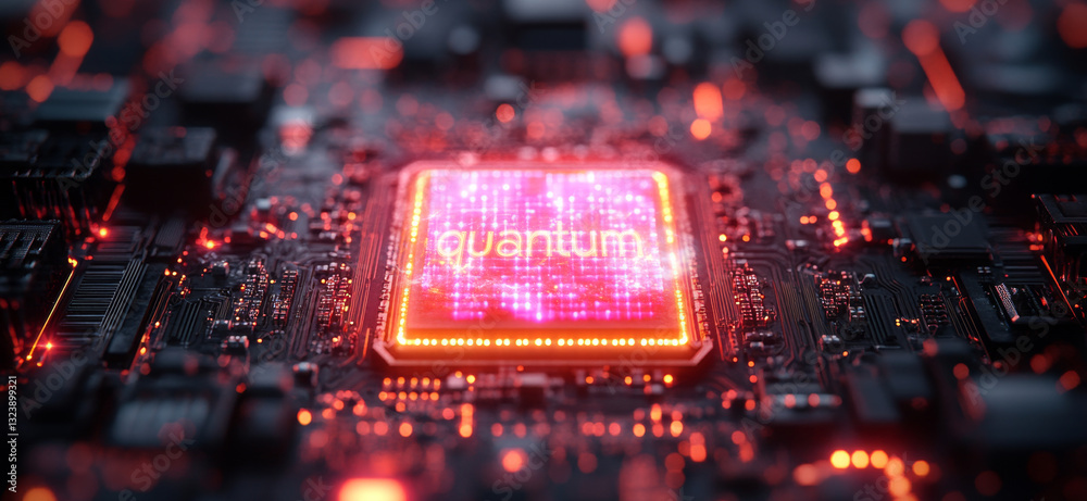 Poster A close view showcases a vibrant quantum processor illuminated with red and purple hues. The intricate design highlights advanced qubit structures and their potential for computational power.