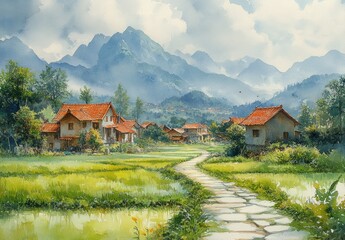 Serene Rural Landscape with Winding Pathway Rice Fields and Red-Roofed Houses in Tranquil Countryside