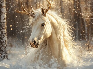 Obraz premium Watercolor Illustration of a Majestic White Horse with Antlers and Snowy Background