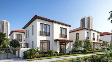 Modern white houses with red tile roofs and manicured lawns. Real estate concept.