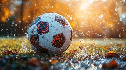 Mud-splattered soccer ball on wet grass with autumn leaves and sunlight.