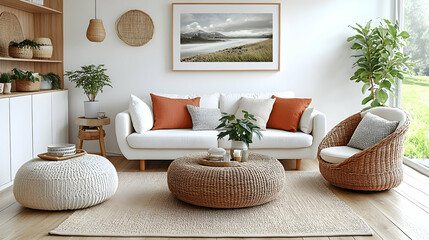 Modern, cozy living room with natural elements