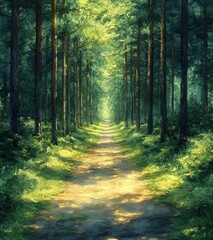 Obraz premium Watercolor Forest Pathway Under Sunlight with Vibrant Green Leaves and Tree Shadows