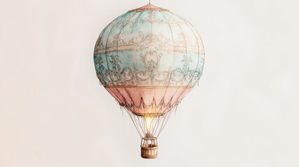 A beautifully illustrated watercolor hot air balloon, soft muted tones, intricate patterns on the fabric