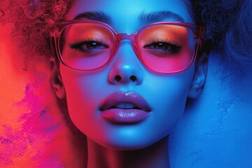Bright and bold graphic layout showcasing a striking beauty with colorful lighting