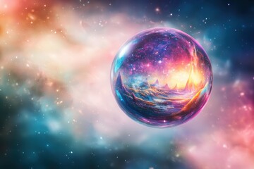 A mesmerizing cosmic sphere containing a surreal landscape with towering peaks and vibrant colors, floating amidst a nebula of stars and colorful clouds.
