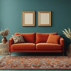 Warm Interior Featuring an Orange Couch and Two Framed Art Pieces Against a Teal Painted Wall