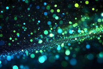 Black background with glowing green and blue particles, futuristic technology atmosphere.