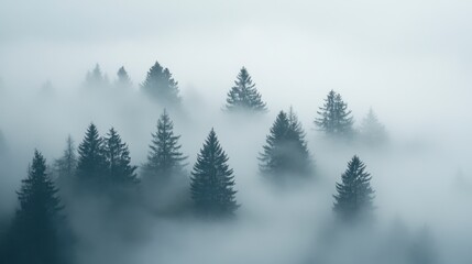 Fototapeta premium Misty Forest Landscape with Pine Trees and Foggy Atmosphere
