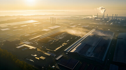 Fototapeta premium Industrial landscape at sunrise with smokestacks and misty atmosphere