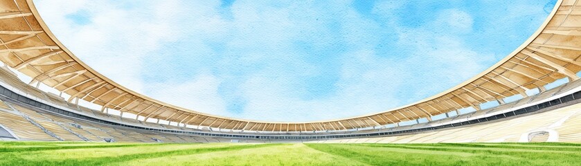 Stunning Watercolor Concept of a Legendary Stadium Under a Blue Sky in a Serene Landscape