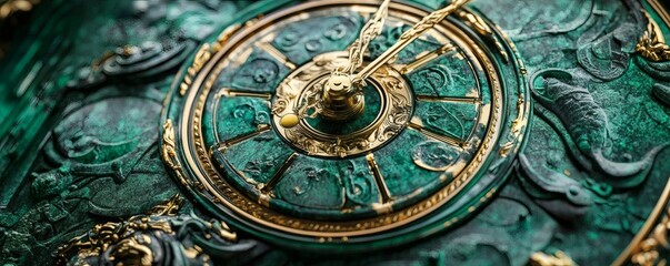 Intricate antique clock face with decorative and ornate details displayed