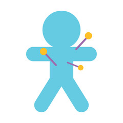 Flat vector illustration of a blue voodoo doll figure with yellow pins, representing magic, curses, or spiritual rituals